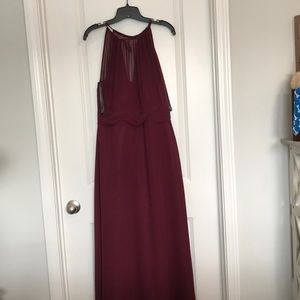 Wine full length halter gown with sheer overlay